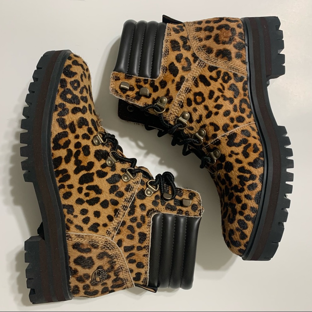 TIMBERLAND LONDON SQUARE WOMENS HIKER BOOTS SIZE 7 LEOPARD PRINT LEATHER BROWN - Picture 4 of 10